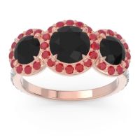 Black Onyx Ring In 14K Rose Gold With Ruby And Aquamarine Abhra Round Three-stone Ring