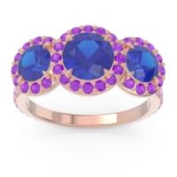 Lab Blue Sapphire Ring In 14K Rose Gold With Amethyst And Pink Tourmaline Abhra Round Three-stone Ring