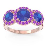 Lab Blue Sapphire Ring In 14K Rose Gold With Amethyst And Ruby Abhra Round Three-stone Ring