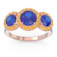 Lab Blue Sapphire Ring In 18K Rose Gold With Citrine And Swiss Blue Topaz Abhra Round Three-stone Ring