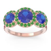 Lab Blue Sapphire Ring In 14K Rose Gold With Emerald And Ruby Abhra Round Three-stone Ring