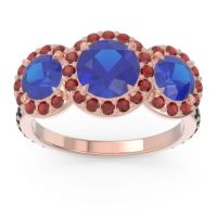 Lab Blue Sapphire Ring In 18K Rose Gold With Garnet And Black Onyx Abhra Round Three-stone Ring