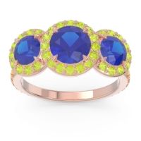 Lab Blue Sapphire Ring In 14K Rose Gold With Peridot And Citrine Abhra Round Three-stone Ring