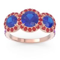 Lab Blue Sapphire Ring In 14K Rose Gold With Ruby And Amethyst Abhra Round Three-stone Ring