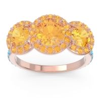Citrine Ring In 18K Rose Gold With Swiss Blue Topaz Abhra Round Three-stone Ring