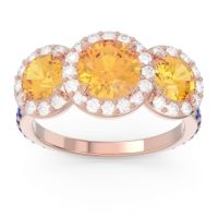 Citrine Ring In 14K Rose Gold With Diamond And Blue Sapphire Abhra Round Three-stone Ring