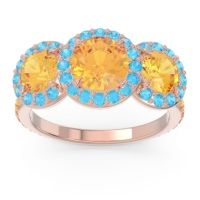 Citrine Ring In 14K Rose Gold With Swiss Blue Topaz Abhra Round Three-stone Ring