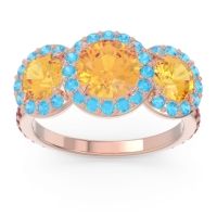 Citrine Ring In 14K Rose Gold With Swiss Blue Topaz And Ruby Abhra Round Three-stone Ring