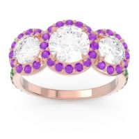 Diamond Ring In 18K Rose Gold With Amethyst And Emerald Abhra Round Three-stone Ring