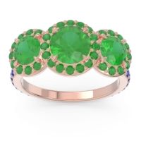 Emerald Ring In 14K Rose Gold With Blue Sapphire Abhra Round Three-stone Ring