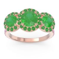 Emerald Ring In 14K Rose Gold With Pink Tourmaline Abhra Round Three-stone Ring