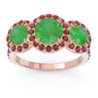 Lab Emerald Ring In 18K Rose Gold With Garnet And Blue Sapphire Abhra Round Three-stone Ring