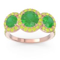 Lab Emerald Ring In 14K Rose Gold With Peridot Abhra Round Three-stone Ring
