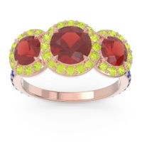 Garnet Ring In 14K Rose Gold With Peridot And Blue Sapphire Abhra Round Three-stone Ring