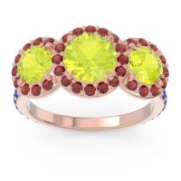 Peridot Ring In 14K Rose Gold With Garnet And Blue Sapphire Abhra Round Three-stone Ring