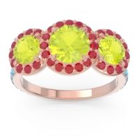 Peridot Ring In 18K Rose Gold With Ruby And Swiss Blue Topaz Abhra Round Three-stone Ring