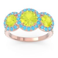 Peridot Ring In 14K Rose Gold With Swiss Blue Topaz And Lab Diamond Abhra Round Three-stone Ring
