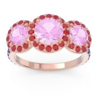 Pink Tourmaline Ring In 14K Rose Gold With Ruby And Blue Sapphire Abhra Round Three-stone Ring