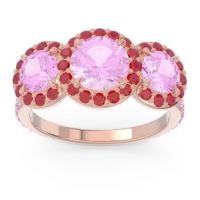 Pink Tourmaline Ring In 14K Rose Gold With Ruby Abhra Round Three-stone Ring
