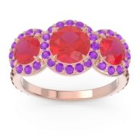 Lab Ruby Ring In 18K Rose Gold With Amethyst And Garnet Abhra Round Three-stone Ring