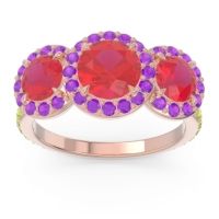 Lab Ruby Ring In 18K Rose Gold With Amethyst And Peridot Abhra Round Three-stone Ring