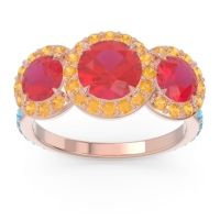Lab Ruby Ring In 18K Rose Gold With Citrine And Swiss Blue Topaz Abhra Round Three-stone Ring
