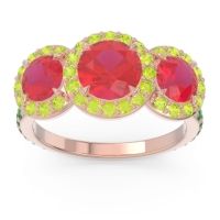 Lab Ruby Ring In 14K Rose Gold With Peridot And Emerald Abhra Round Three-stone Ring