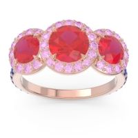 Lab Ruby Ring In 14K Rose Gold With Pink Tourmaline And Blue Sapphire Abhra Round Three-stone Ring