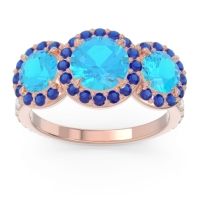 Swiss Blue Topaz Ring In 18K Rose Gold With Blue Sapphire And Lab Diamond Abhra Round Three-stone Ring