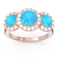Swiss Blue Topaz Ring In 18K Rose Gold With Lab Diamond And Blue Sapphire Abhra Round Three-stone Ring