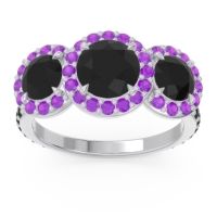 Black Onyx Ring In 14k White Gold With Amethyst Abhra Round Three-stone Ring