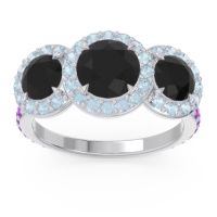 Black Onyx Ring In 18k White Gold With Aquamarine And Amethyst Abhra Round Three-stone Ring
