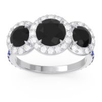 Black Onyx Ring In 14k White Gold With Lab Diamond And Blue Sapphire Abhra Round Three-stone Ring