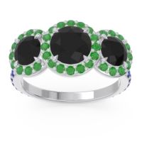 Black Onyx Ring In Palladium With Emerald And Blue Sapphire Abhra Round Three-stone Ring
