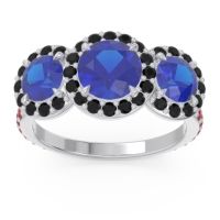 Lab Blue Sapphire Ring In Platinum With Black Onyx And Ruby Abhra Round Three-stone Ring