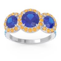 Lab Blue Sapphire Ring In Palladium With Citrine And Swiss Blue Topaz Abhra Round Three-stone Ring