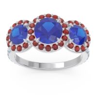 Lab Blue Sapphire Ring In 18k White Gold With Garnet And Aquamarine Abhra Round Three-stone Ring