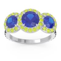 Lab Blue Sapphire Ring In Platinum With Peridot And Black Onyx Abhra Round Three-stone Ring