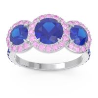 Lab Blue Sapphire Ring In 14k White Gold With Pink Tourmaline And Blue Sapphire Abhra Round Three-stone Ring
