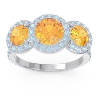 Citrine Ring In 14k White Gold With Aquamarine Abhra Round Three-stone Ring