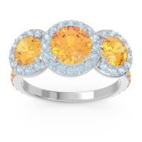 Citrine Ring In 14k White Gold With Aquamarine Abhra Round Three-stone Ring