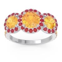 Citrine Ring In Palladium With Ruby Abhra Round Three-stone Ring