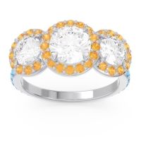 Diamond Ring In Palladium With Citrine And Swiss Blue Topaz Abhra Round Three-stone Ring