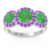 Lab Emerald Ring In 18k White Gold With Amethyst And Peridot Abhra Round Three-stone Ring