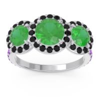 Lab Emerald Ring In 14k White Gold With Black Onyx And Amethyst Abhra Round Three-stone Ring