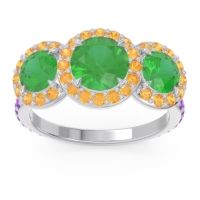 Lab Emerald Ring In 14k White Gold With Citrine And Amethyst Abhra Round Three-stone Ring