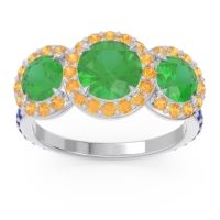 Lab Emerald Ring In Palladium With Citrine And Blue Sapphire Abhra Round Three-stone Ring