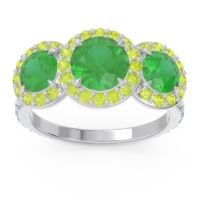 Lab Emerald Ring In Palladium With Peridot And Aquamarine Abhra Round Three-stone Ring