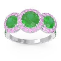 Lab Emerald Ring In Palladium With Pink Tourmaline And Emerald Abhra Round Three-stone Ring