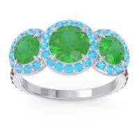 Lab Emerald Ring In Palladium With Swiss Blue Topaz And Garnet Abhra Round Three-stone Ring